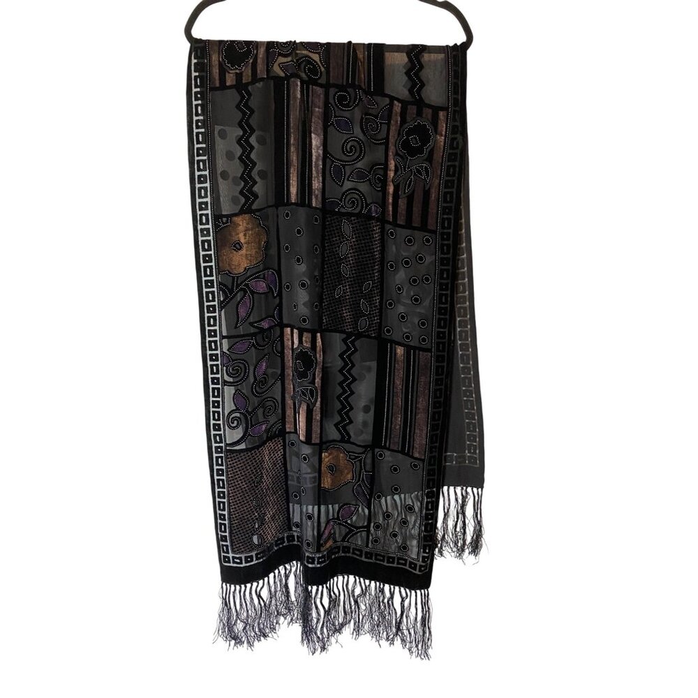 Patchwork Black Fringe Scarf  Geometric & Floral Design Viscose & Silk Blend